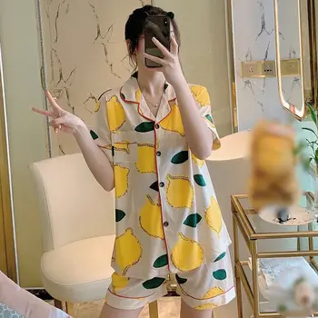 

Summer Women Short-sleeved Shorts Cardigan Pajamas Two-piece Suit Cute Cartoon Loose Large Size Home Pajamas