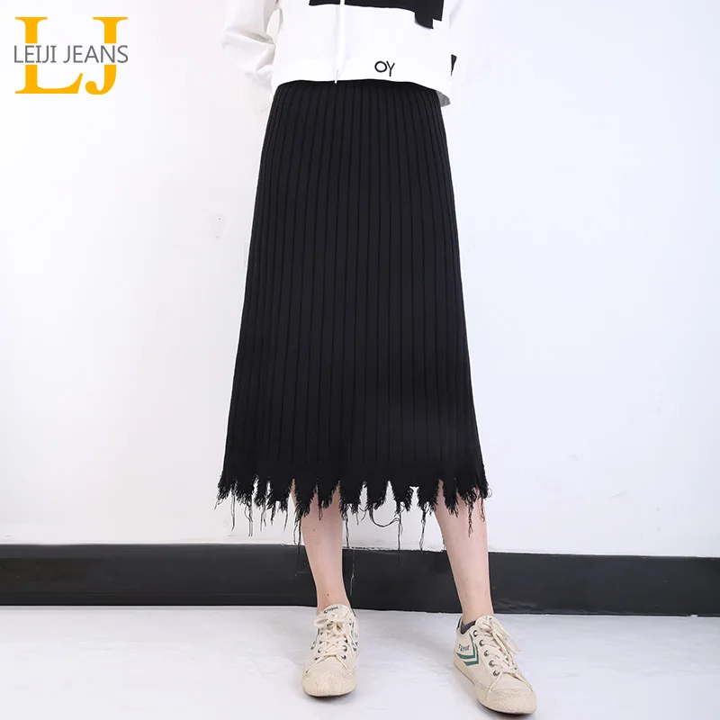 LEIJIJEANS, осень и зима, новинка, большой размер, женская вязаная длинная юбка, повседневная, элегантная, для девушек, теплая, черная, вязаная, свитерок, юбка
