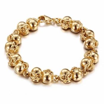 

New Arrival 20.5cm Gold Color Stainless Steel Skull Biker Bracelet Rose Gold Skull Punk Bracelet Men's Gothic Accessories