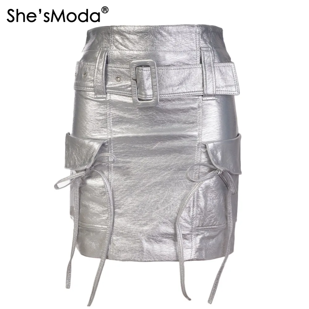 She'sModa яркие из искусственной кожи Карманный ремень женские вечерние карандаш прямая мини-юбка