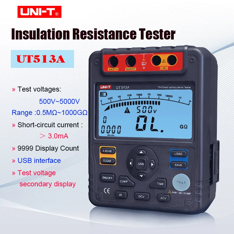 

UNI-T UT513A Insulation Resistance Tester Megohmmeter Voltmeter 5000V 1000G ohm w/USB Interface Earth Ground Meter