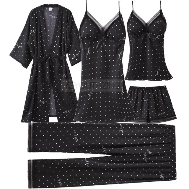 Pajama Set Women Lace Trim Satin Sleepwear Pyjamas Pour Femme Summer Nightwear With Pants Casual Home Wear Kimono Robe Gown PJS Black F