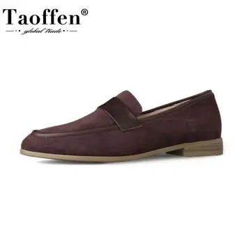 

Taoffen New Women Flat Shoes Fashion Round Toe Square Low Heels Shoes Women Nice Genuine Leather Casual Footwear Size 34-39