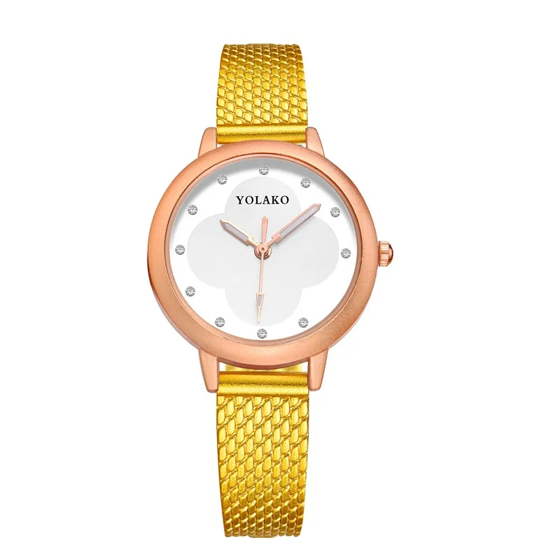 

Fashion Simple College Style Students Creative Diamond Set Dial Cool Rose Case Women's Faux Mesh Belt Quartz Wrist Watch