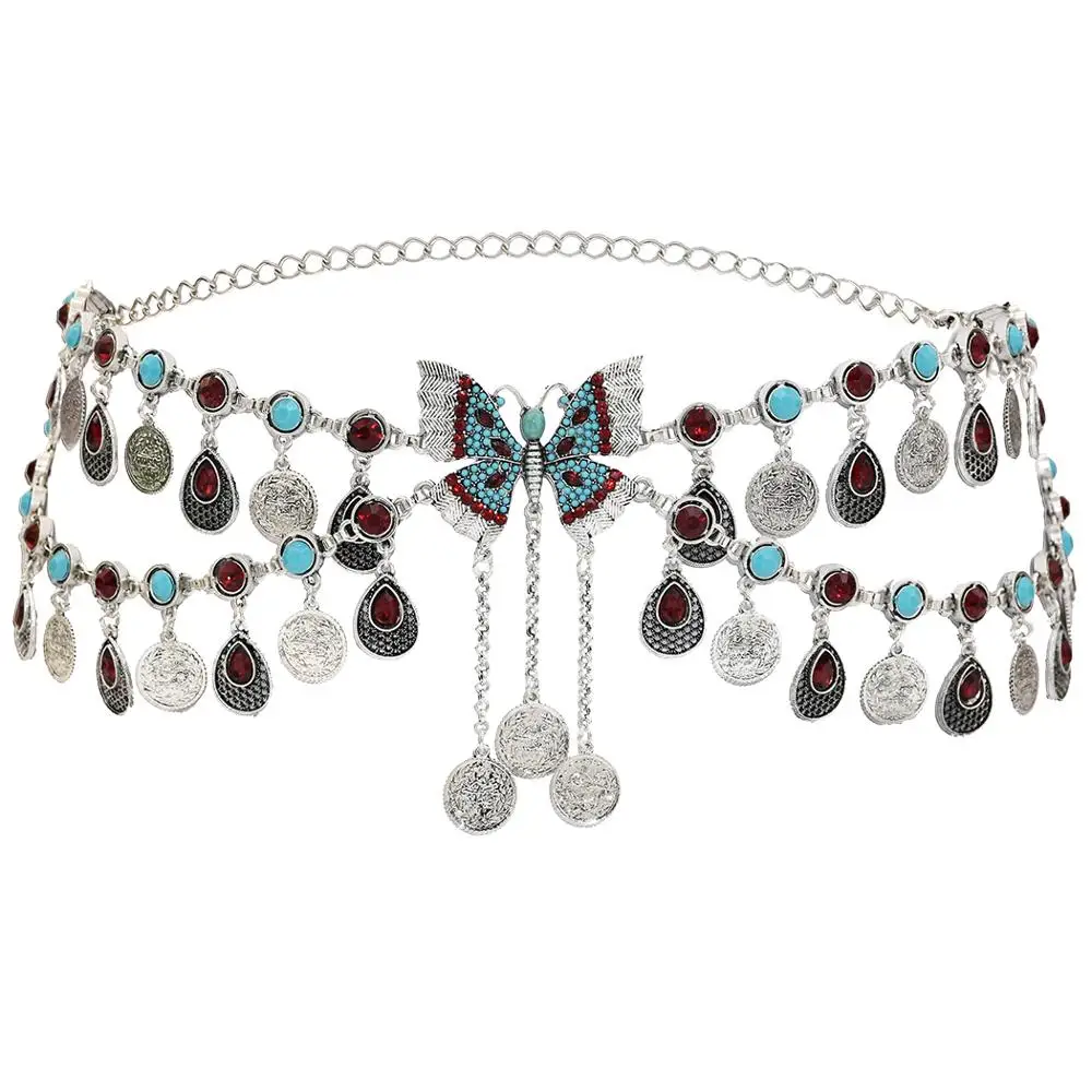 

Fashion India Ethnic Waist Chain Red Crystal Flower Butterfly Belly Chains Turkey Bridal Long Tassel Belt Statement Body Jewelry