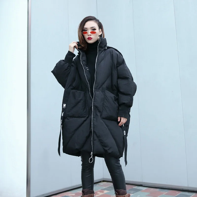

Black Ribbon Big Size Hooded Cotton-padded Coat Long Sleeve Loose Fit Women Parkas Fashion New Winter 45