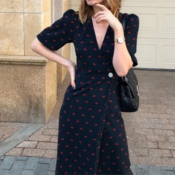 

Brand Fashion Women High-end Luxury Summer Vintage Elegant Sexy Print V-neck Wrap Bubble Sleeve Cherry Midi Dress