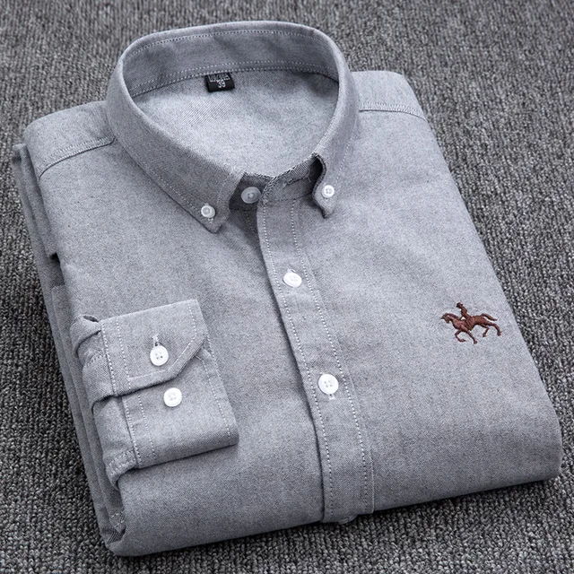 100% Cotton Oxford Shirt Men's Long Sleeve Embroidered Horse Casual Without Pocket Solid Yellow Dress Shirt Men Plus Size 5XL6XL Gray