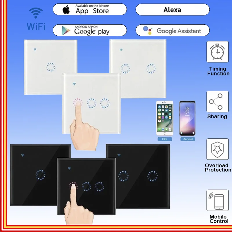 

Touch Switch Smart Light Switch Panel Wall Interruptor 1/2/3 Gang Wifi Light Switch Us/eu Standard Work With Alexa Google Home
