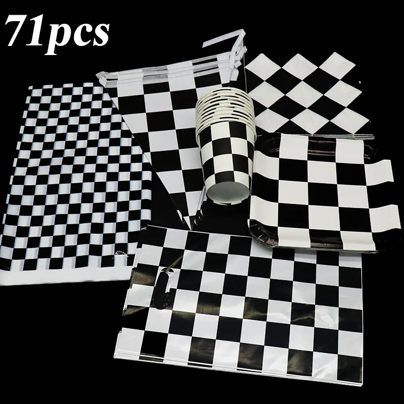 

71pcs/lot Racing Flag party tableware set Racing Flag theme straws plates cups napkins tablecloths Racing car party decorations