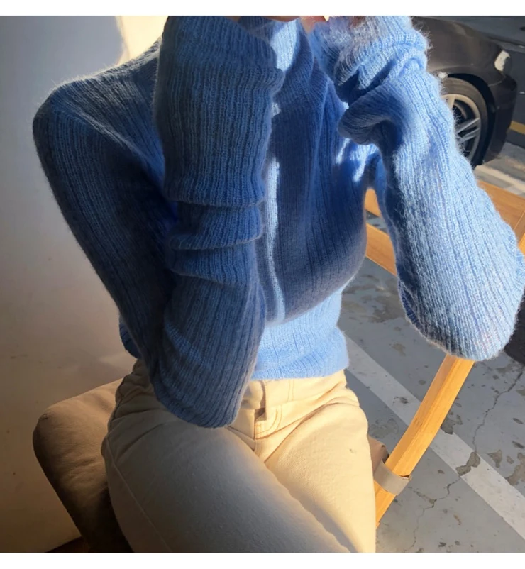 Зимний свитер, Женский пуловер, топы для девочек, винтажные Топы с длинным рукавом, осенняя элегантная женская вязаная верхняя одежда, теплый свитер с высоким воротом - Цвет: blue