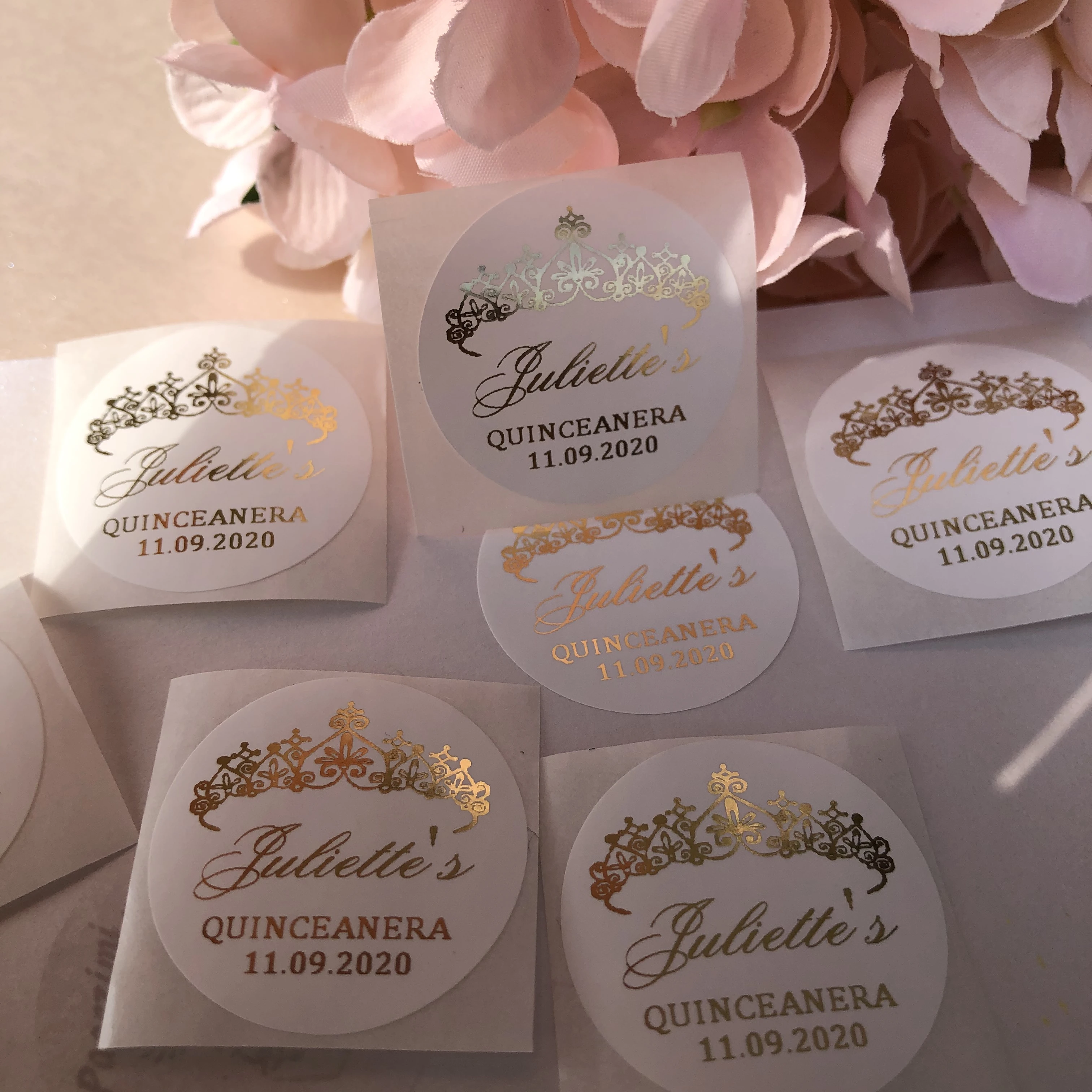 30 Custom Quinceanera Stickers Personalized 15th birthday Foil gold Tiara  Crown labels favors tags invitations envelop seals