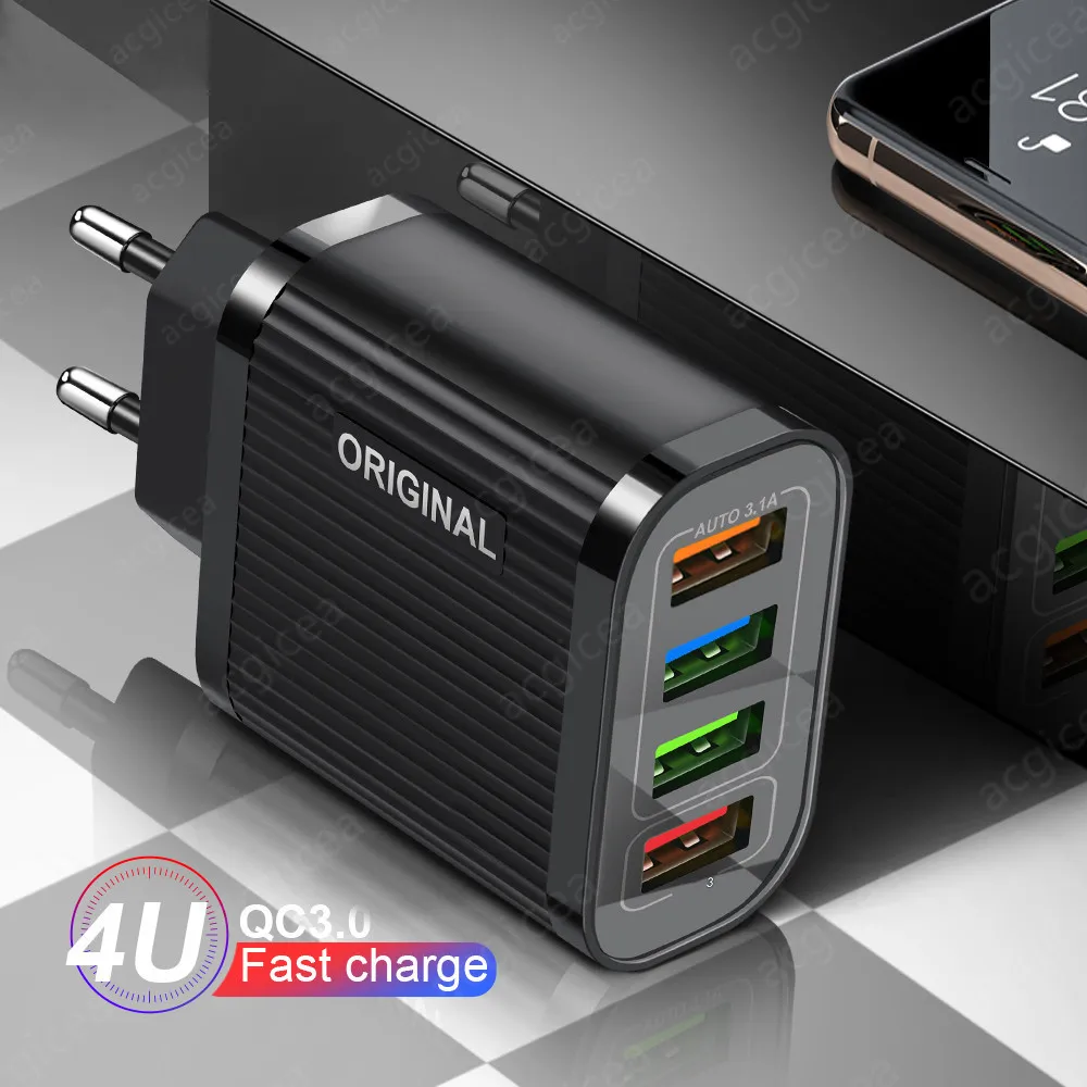 Carregadores do telefone móvel 4 usb carregador de carga rápida 3.0 4.0 para samsung carregamento rápido para iphone huawei adaptador de carregador de viagem de parede