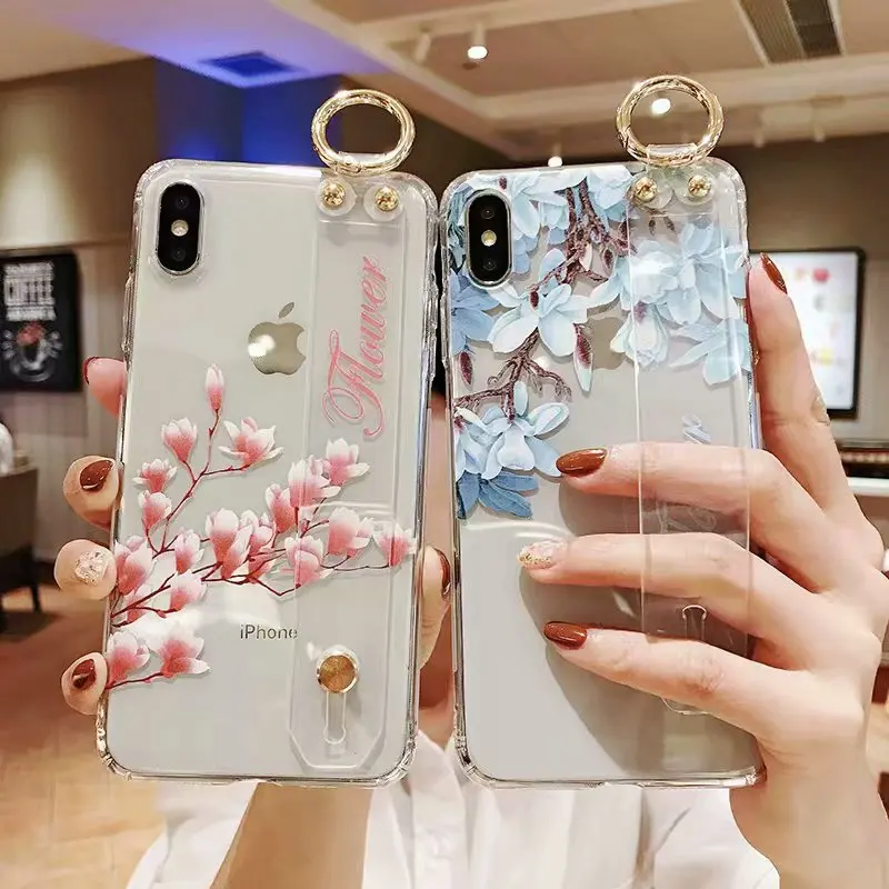 

Wrist Strap Phone Case For iPhone XR 7 Flower Transparent Finger Ring Cover For iPhone XS Max X 8 6 6S Plus Soft TPU Stand Coque