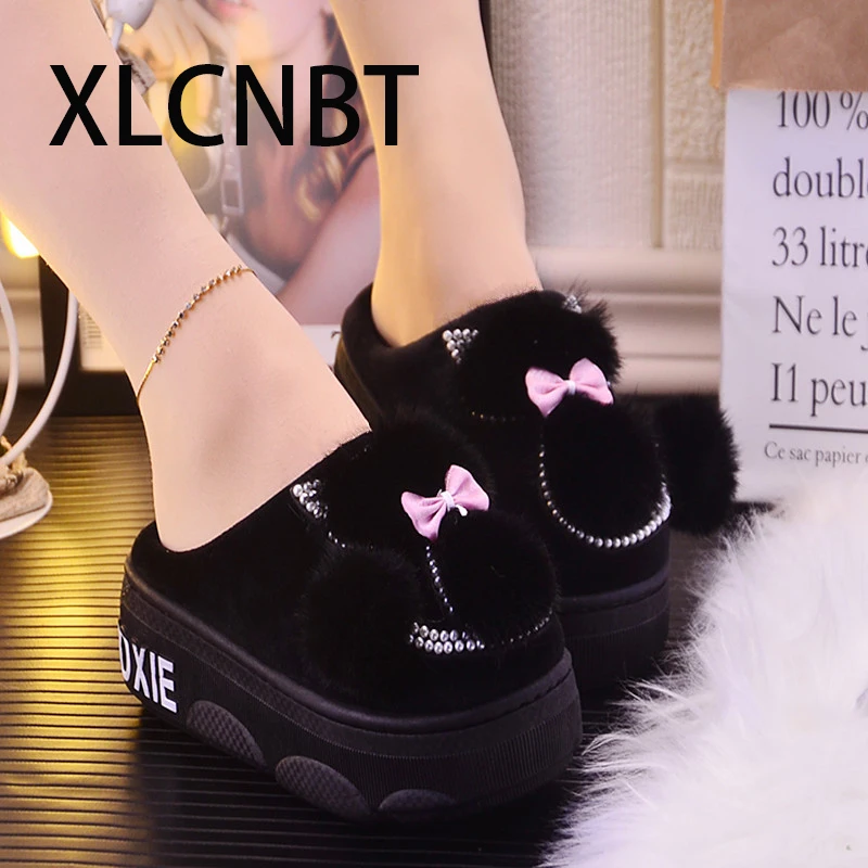black Зимние теплые домашние тапочки; водонепроницаемый нескользящий хлопковый тапочки; женская обувь; женские милые шлепанцы - Цвет: black