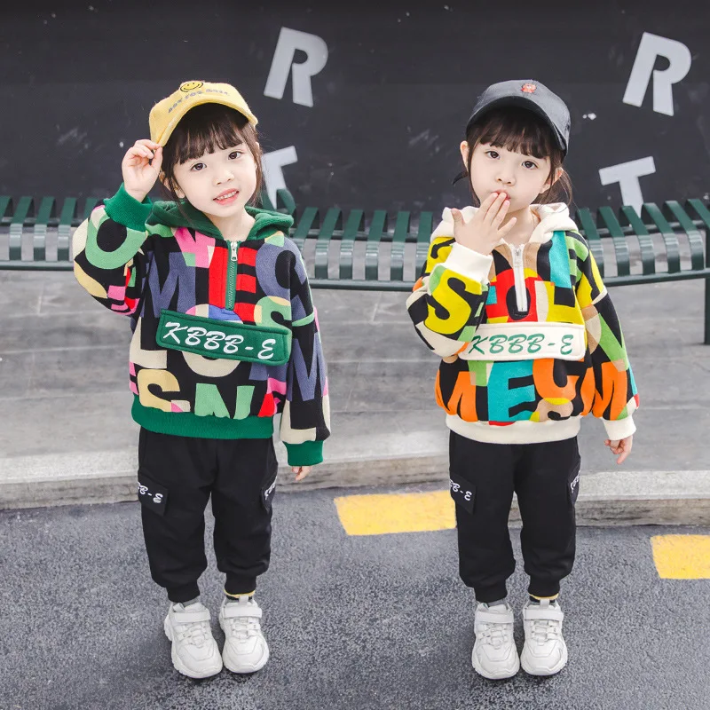 

2019 Autumn And Winter New Style Korean-style Childrenswear Girls' Sweater plus Velvet Suit Children Thick Two-Piece Set