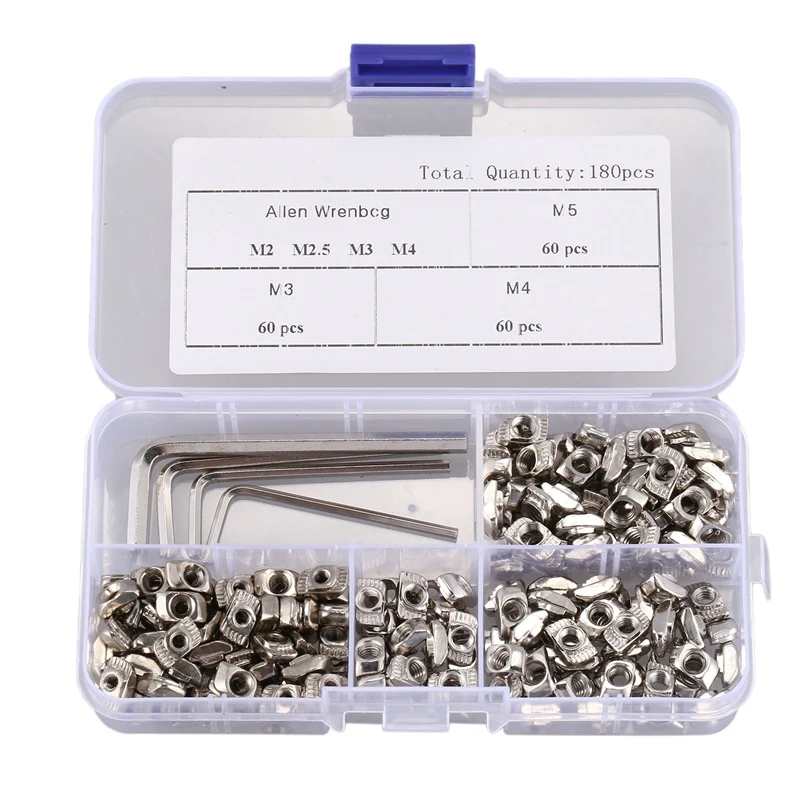 180Pcs Carbon Steel T Nuts M3 M4 M5 T Slot Nut Hammer Head Nickel Fastener Nut Plated with 4 Matching Wrenches for Aluminum Prof
