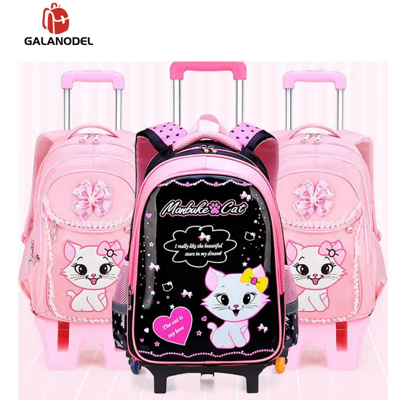 

Kid's Travel Rolling Luggage Bag School Trolley Backpack Girls on Wheels Cute Heart-shaped Pattern School Bag Detachable