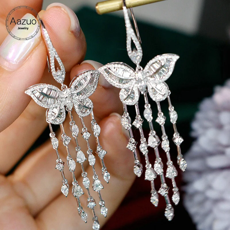 Aazuo Real 18K White Gold Real Diamonds 3.0ct Butterfly Drop Chain Earrings gifted for Women Wedding Party Au750
