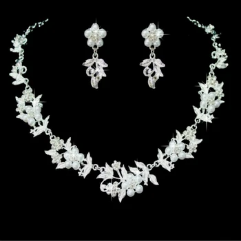 

Wedding Jewelry Set Korean Fashion Alloy Leaf Pearl Rhinestone Necklace Earrings Ladies Wedding Bridal for Women Jewelry Set