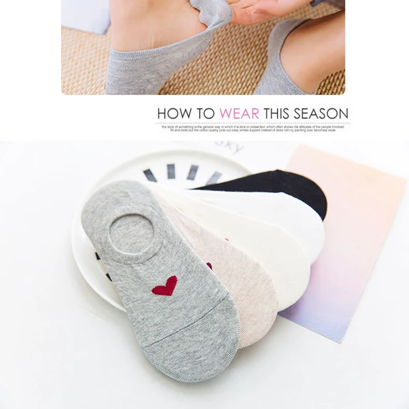Leisure Minimalist Shallow Mouth Solid Color Short Sock Love Pattern Breathable Comfortable Women Cotton Nonslip Short Sock