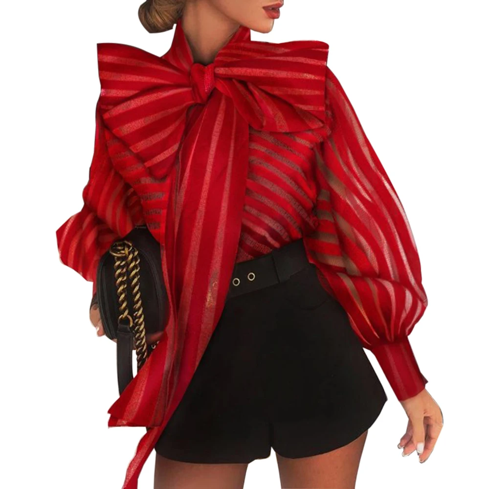 red(style3) Puimentiua Женская мода Длинный Рукав свободный топ о-рубашка перспективный топ сексуальный Фонарь ретро горошек печать рукав рубашка - Цвет: red(style3)