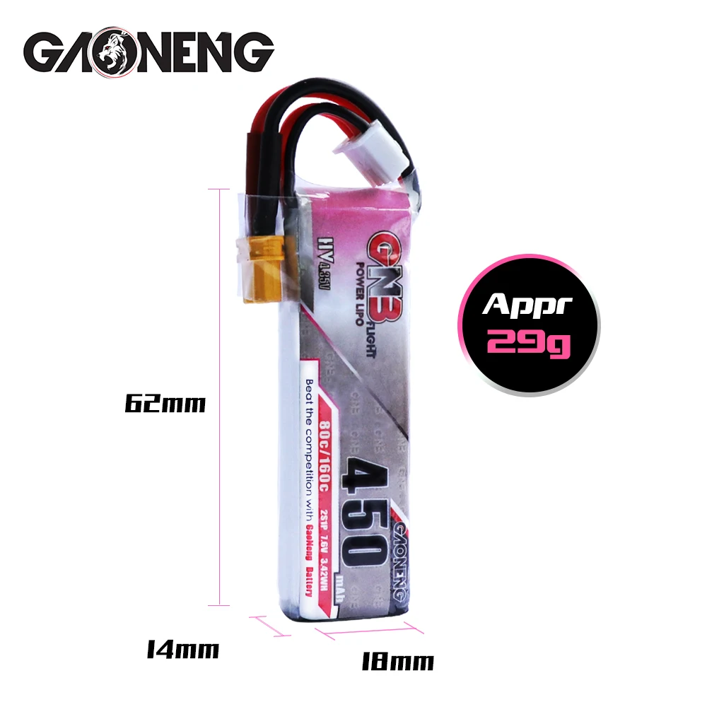 Ceny 4 sztuk Gaoneng 7.6V 450Mah 80C 2S HV 4.35V bateria lipo XT30 wtyczka jst dla iFlight CineBee Cine Whoop BetaFPV FPV wyścigi Drone