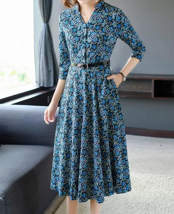 

2019 Autumn New Arrival High Quality Fashion V Collar Flower Printed Three-quarter Woman Long Dress