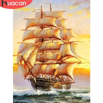 

HUACAN Full Drill Square 5D DIY Diamond Painting Sailboat Diamond Embroidery Landscape Picture Of Rhinestone Decor Home