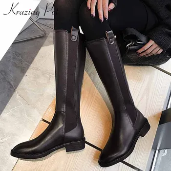 

krazing pot solid cow leather knight boots round toe cozy med heels back zip women winter basic keep warm thigh high boots L05