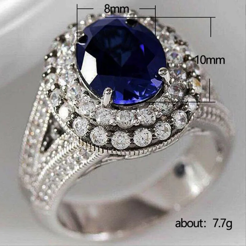 Finger Ring Silver Ring Zircon Crystal Ring Wedding Rings Wedding Ring Luxury Full Rhinestone Zircon Ladies Ring with Blue Crystal Silver Color for Women Female Wedding Engagement Jewelry Size 6-10