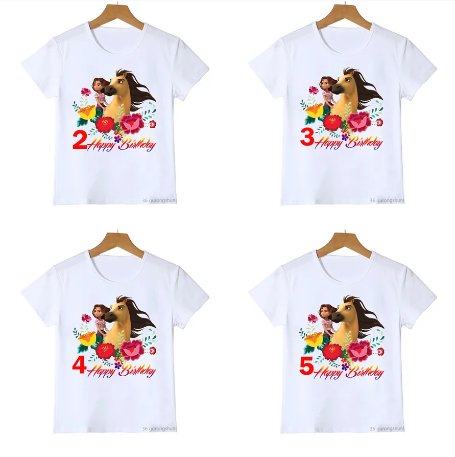 

New Cute 2-10 Year Happy Brithday T Shirt Horse Spirit Mustang T-Shirt Anime Clothes Baby Boys Little Girls T-Shirts Tees Top
