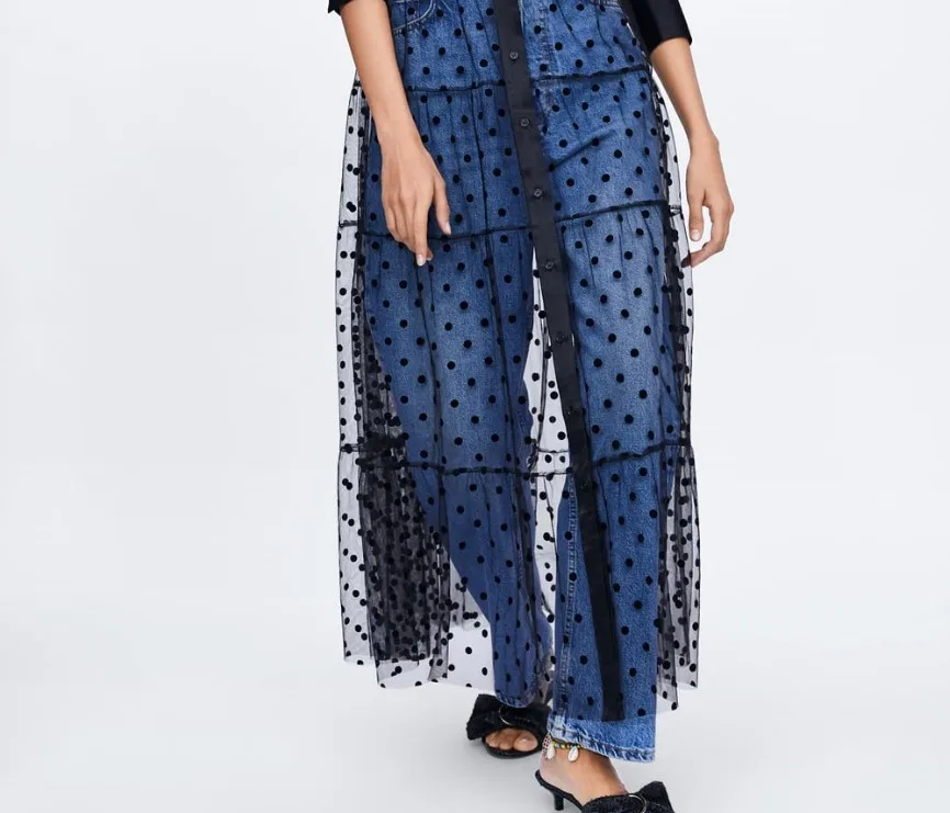 Dropshipping Women Stylish Polka Dot Patchwork Transparent midi shirt dress long sleeve female chic sexy mesh Dresses GD017