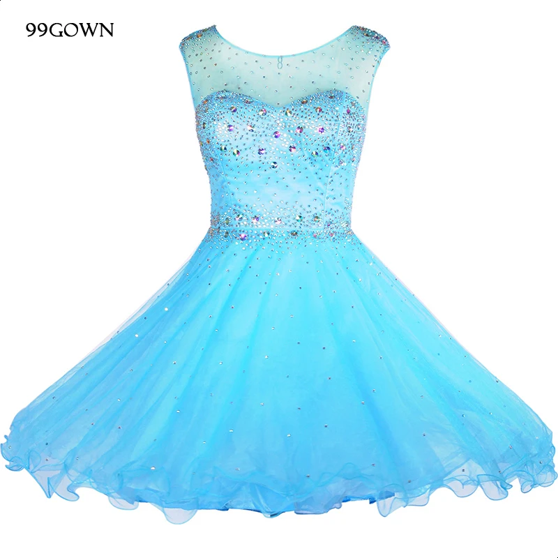 

99GOWN Tulle Blue Mini Dress For Women Bridesmaid Sexy Backless Sequined Glitter Sleeveless Dresses For Wedding Party