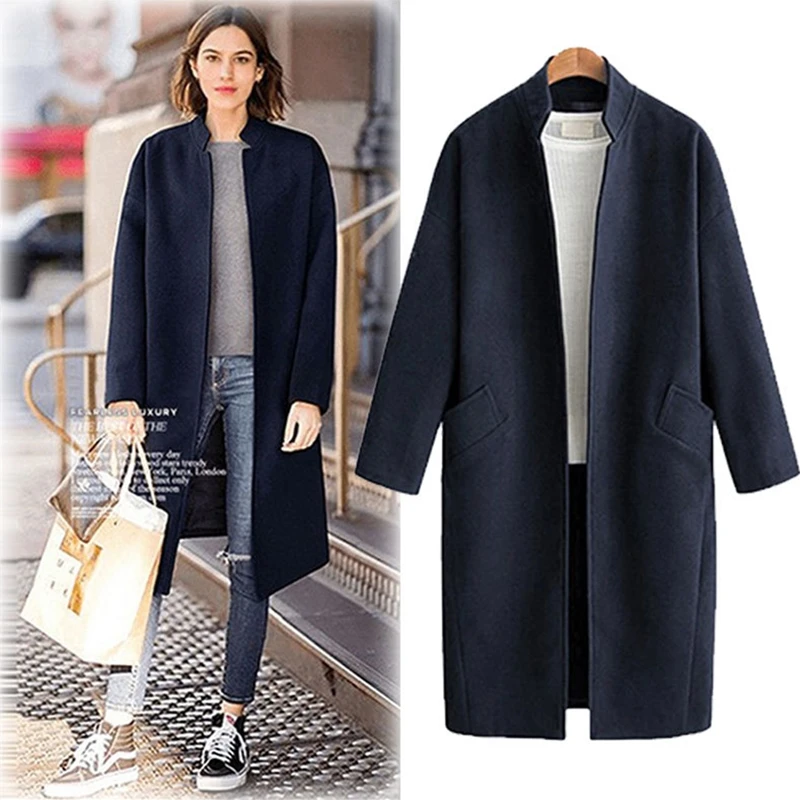 

Long Winter Coat Women 2019 Woolen Coats Jacket Loose Thick Warm Ladies Casual Outwear Simple Solid Navy Blue/Army Green Pockets