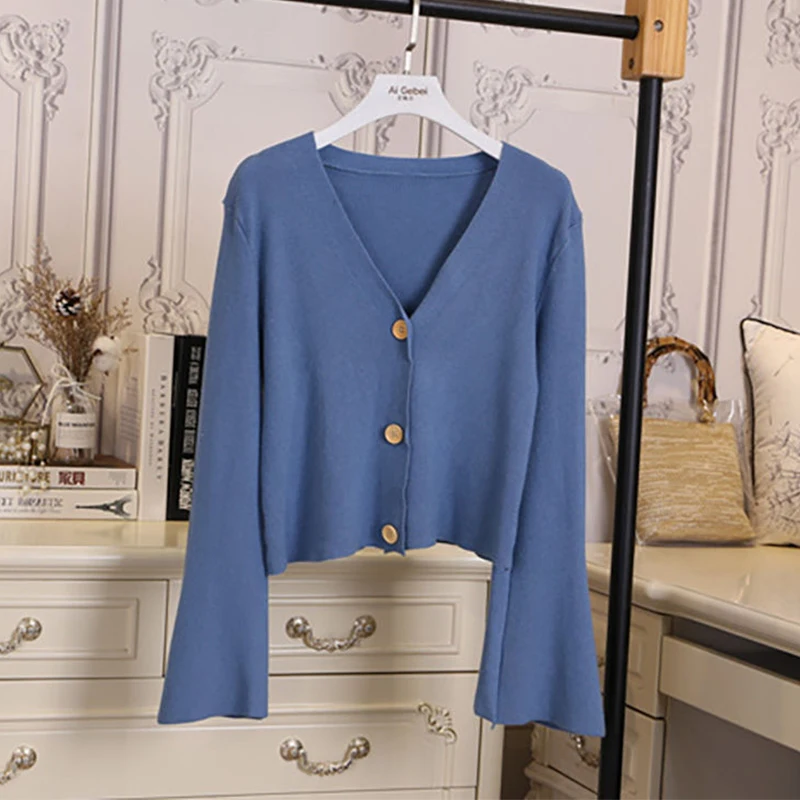 simple Cardigan Female V-neck Woman Sweater Knitting 2020 Spring New Girl Solid Color Long Sleeve Cardigan Sweater Short Jacket