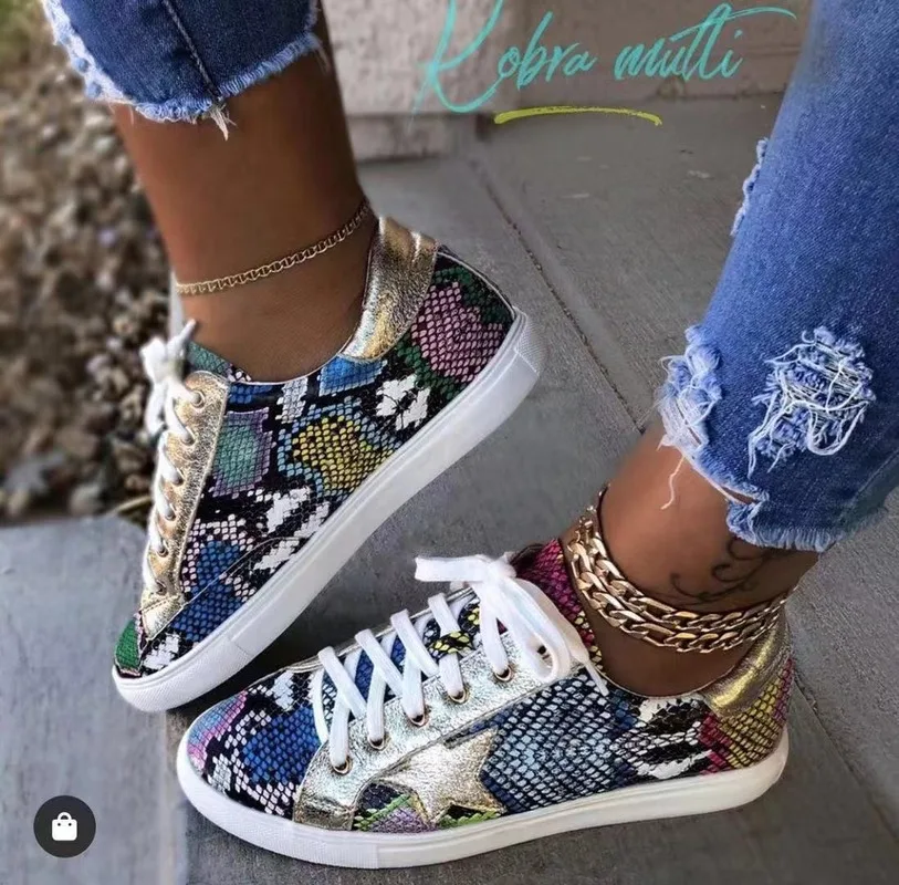 

Women Snake Printing PU Leather Vulcanized Shoes Lace up Female Sneakers Fashion 2019 New Platform Woman Shoes Walking Footwear
