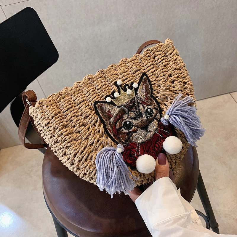 

Cat Head Embroidery Tassel Weave 2019 New Bag Female Cartoon Cute Woven Shoulder Diagonal Package