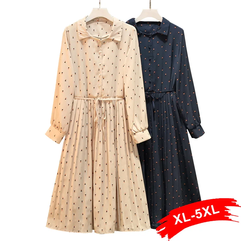 

Plus Size Retro Print Turn Down Collar Sashes Pleated Midi Calf Dress 3Xl 4Xl Sweet Long Sleeve Dresses Female Vestidos Mujer