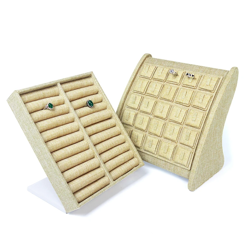 Beige Linen Jewelry Display Stand12 Lattice Case Removable Watch Pillow Tray