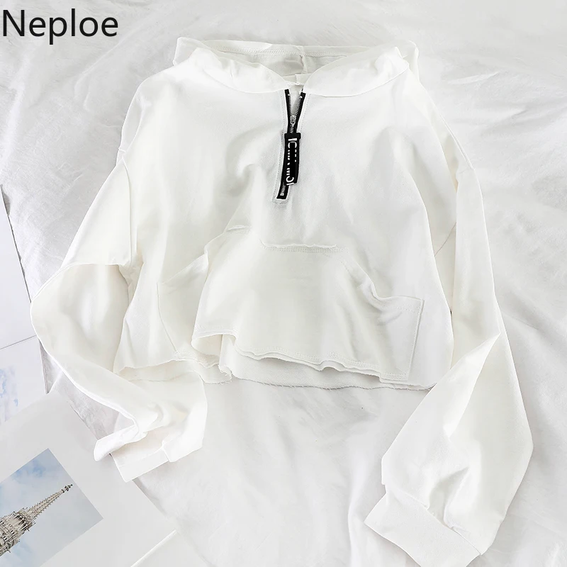 Neploe, корейский стиль, новинка, Свободные повседневные толстовки на молнии для женщин, с карманами, с капюшоном, короткий, Bf, однотонный, длинный рукав, свитер, Простой Топ 46797