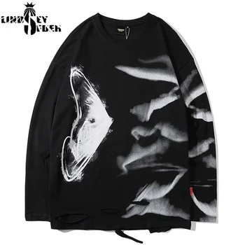 

Lindsey Seader Mens Hip Hop Butterfly Printed Long Sleeve T-Shirts 2020 Fashion Casual Cotton Top Tees Streetwear Broken Hole