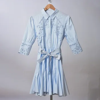 

2020 Early Spring Women Mini Dress Lace Hollow Out Patchwork Ladies Turn-down Collar Half Sleeve Female Short Dresses With Sahes