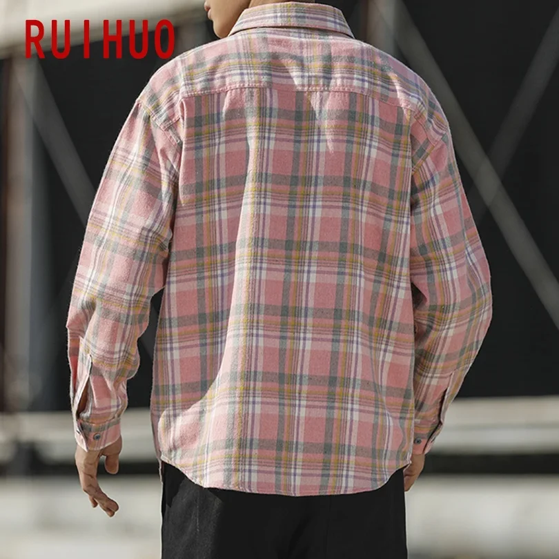RUIHUO Повседневная розовая клетчатая рубашка для мужчин приталенные мужские