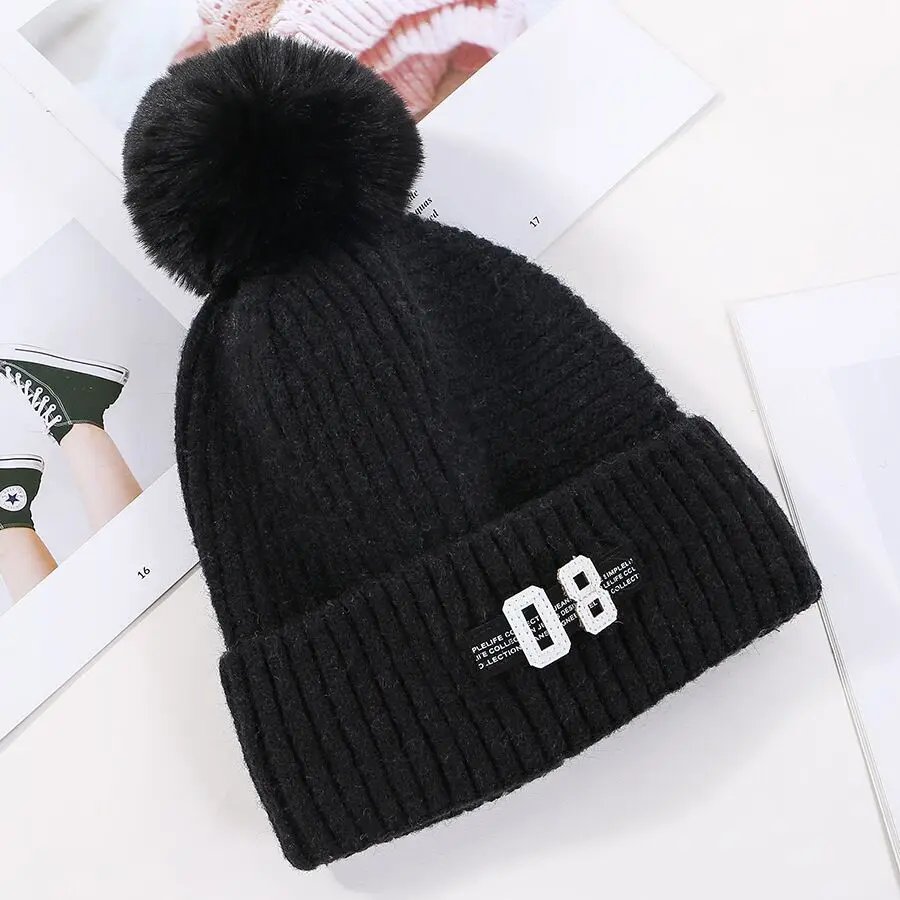 Лидер продаж; Новинка; зимние вязаные шапки Skullies с помпоном из искусственного меха; Модные женские теплые шапки в полоску с буквенным принтом; вязаная шапка;