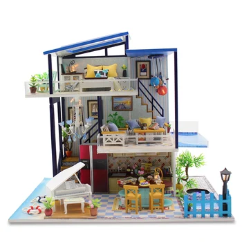 

Hot Doll House DIY Creative Handmade Theme Wooden Cabin Assembly Building Model Toy Set With Light And Music - Blue Sea Romance