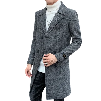 

Wool jacket men's winter high quality wool coat casual Slim plaid collar wool coat cotton collar men's long trench coat