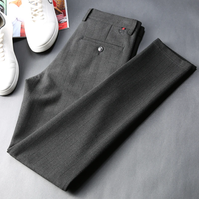 Men's casual trousers men's autumn and winter slim stretch frosted trousers slim business striped trousers men's thick trousers