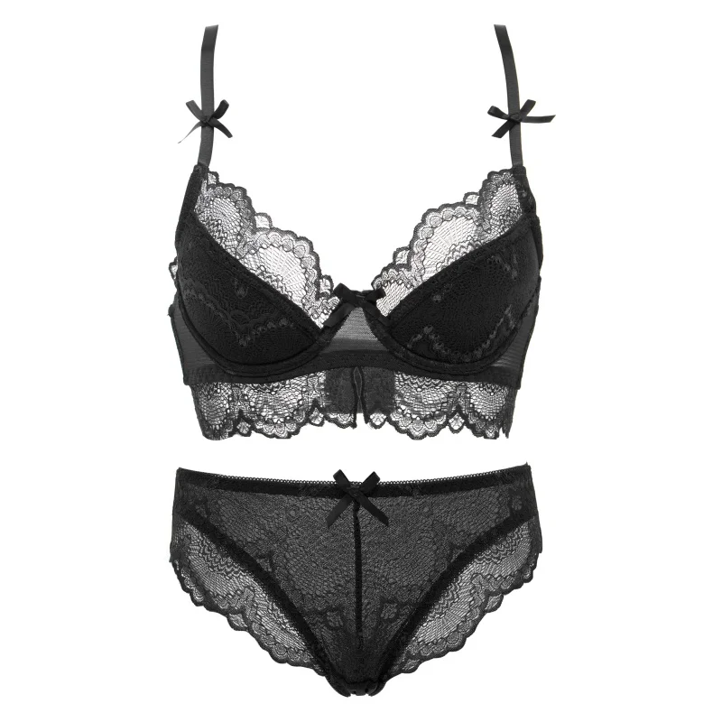 Sexy Lace Bras Sets Women Lace Ruffles Push Up Bras Set Bow Intimates Briefs Set 1 - Цвет: Черный