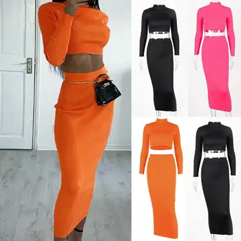 

Women 2Pcs Set Casual Autumn Long Sleeve Turtleneck Pullover Slim Short Knit Tops + Elastic High Waist Skirt Solid Women Sets
